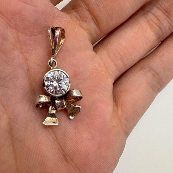 VTG Sterling Silver 925 Cubic Zirconia Bezel Set Bow Pendant Size 1.25" Length - Picture 10 of 13